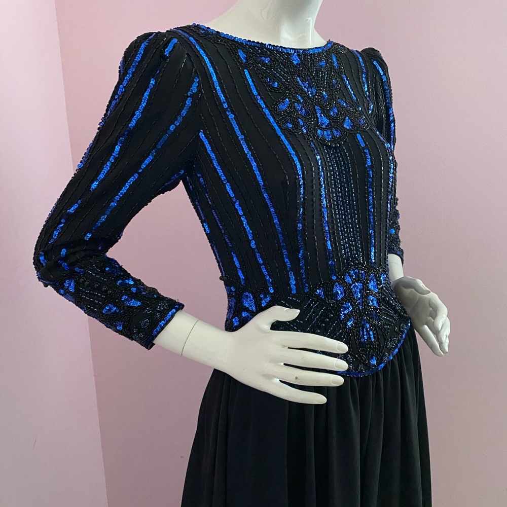 Vintage Sequin Gown Maxi Dress Jack Bryan Long Sleeve Black Blue